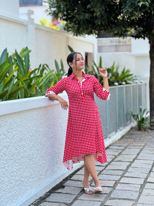 Red Check Shirt Dress With Heart Print Highlights