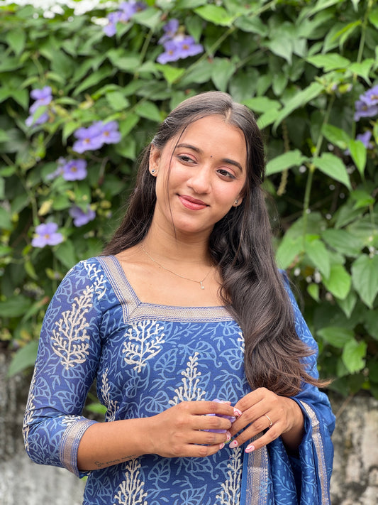 Indigo Maheshwari Silk Suit