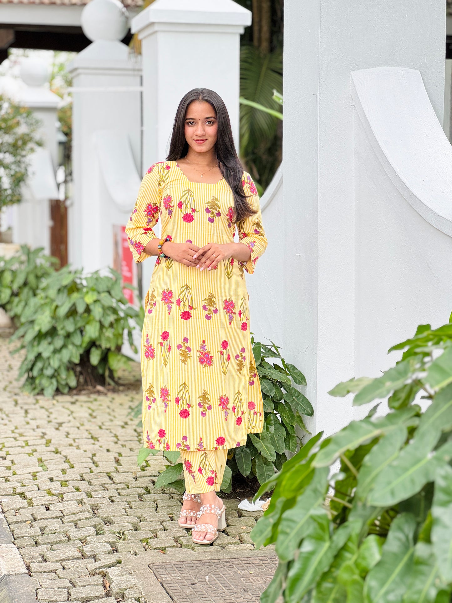 Yellow Striped and Floral Printed Kurta and Pant Set