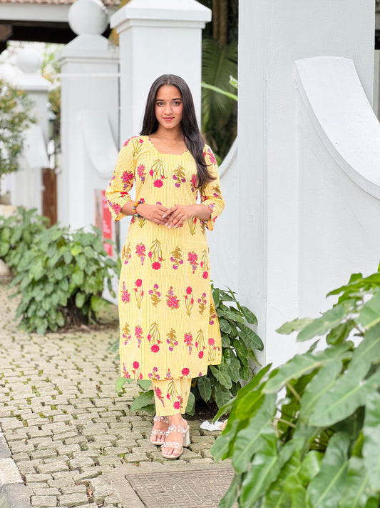 Yellow Striped and Floral Printed Kurta and Pant Set