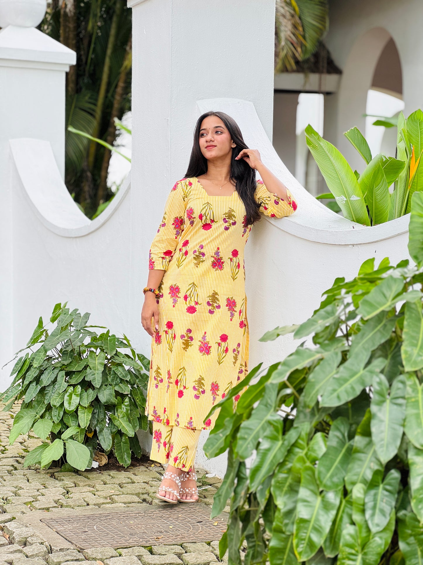 Yellow Striped and Floral Printed Kurta and Pant Set