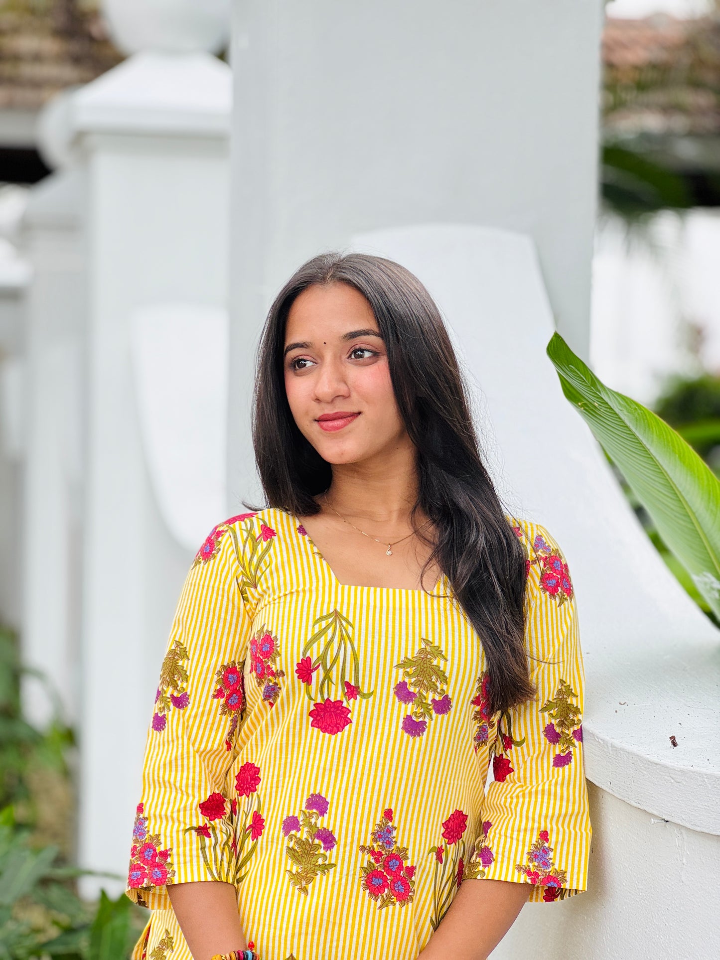 Yellow Striped and Floral Printed Kurta and Pant Set