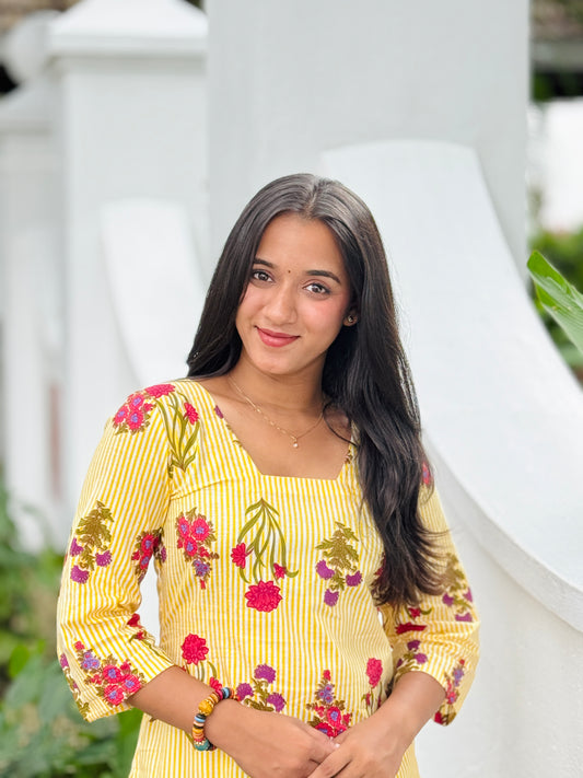 Yellow Striped and Floral Printed Kurta and Pant Set