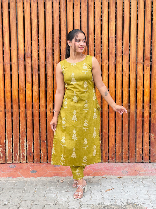 Light Green Tribal Printed Side Tie Kurta and Pant Set