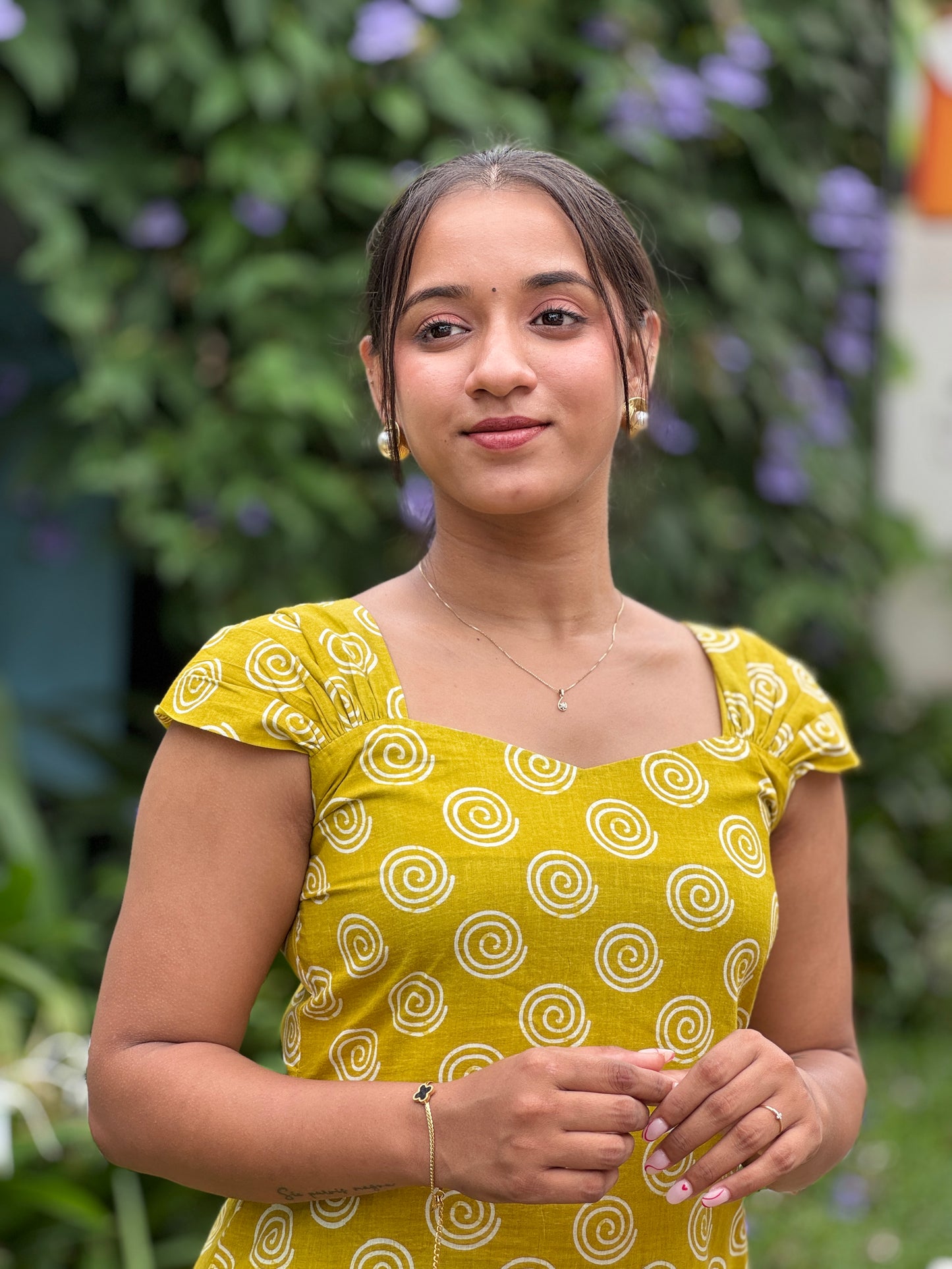 Yellow Spiral Printed Gather Sleeve Kurta and Pant Set