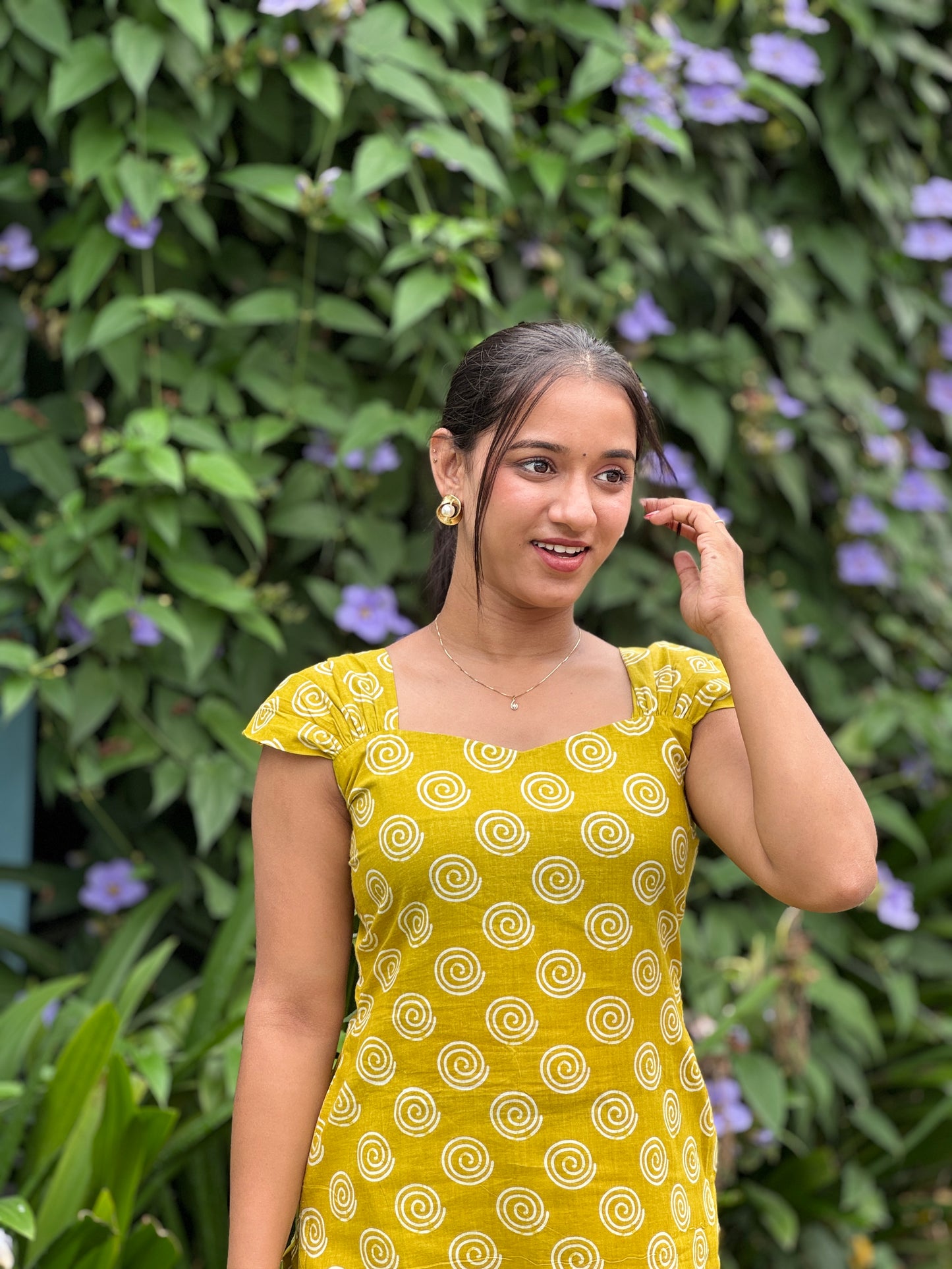 Yellow Spiral Printed Gather Sleeve Kurta and Pant Set