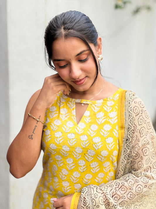 Yellow Block Printed Suit with Kota Doriya Duppatta