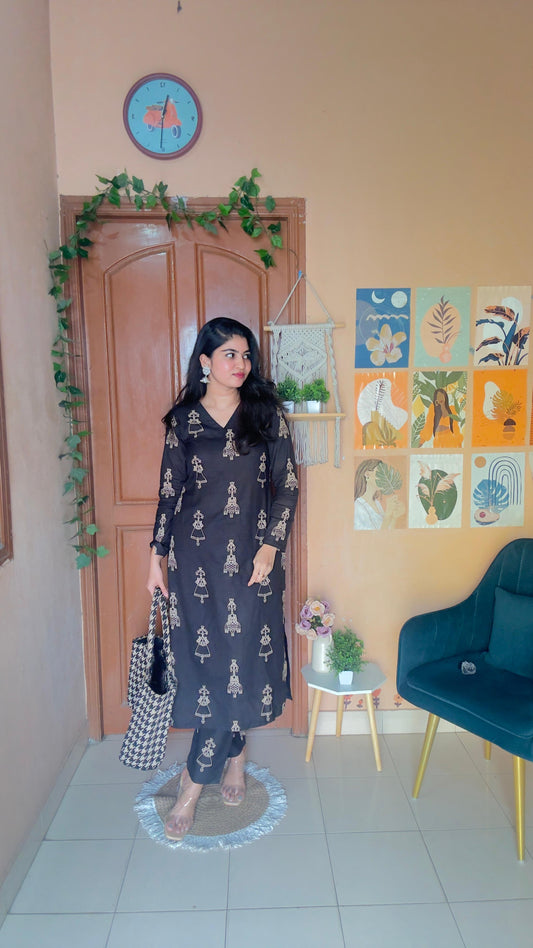 Black Tribal Printed Cotton Kurta and Pant Set