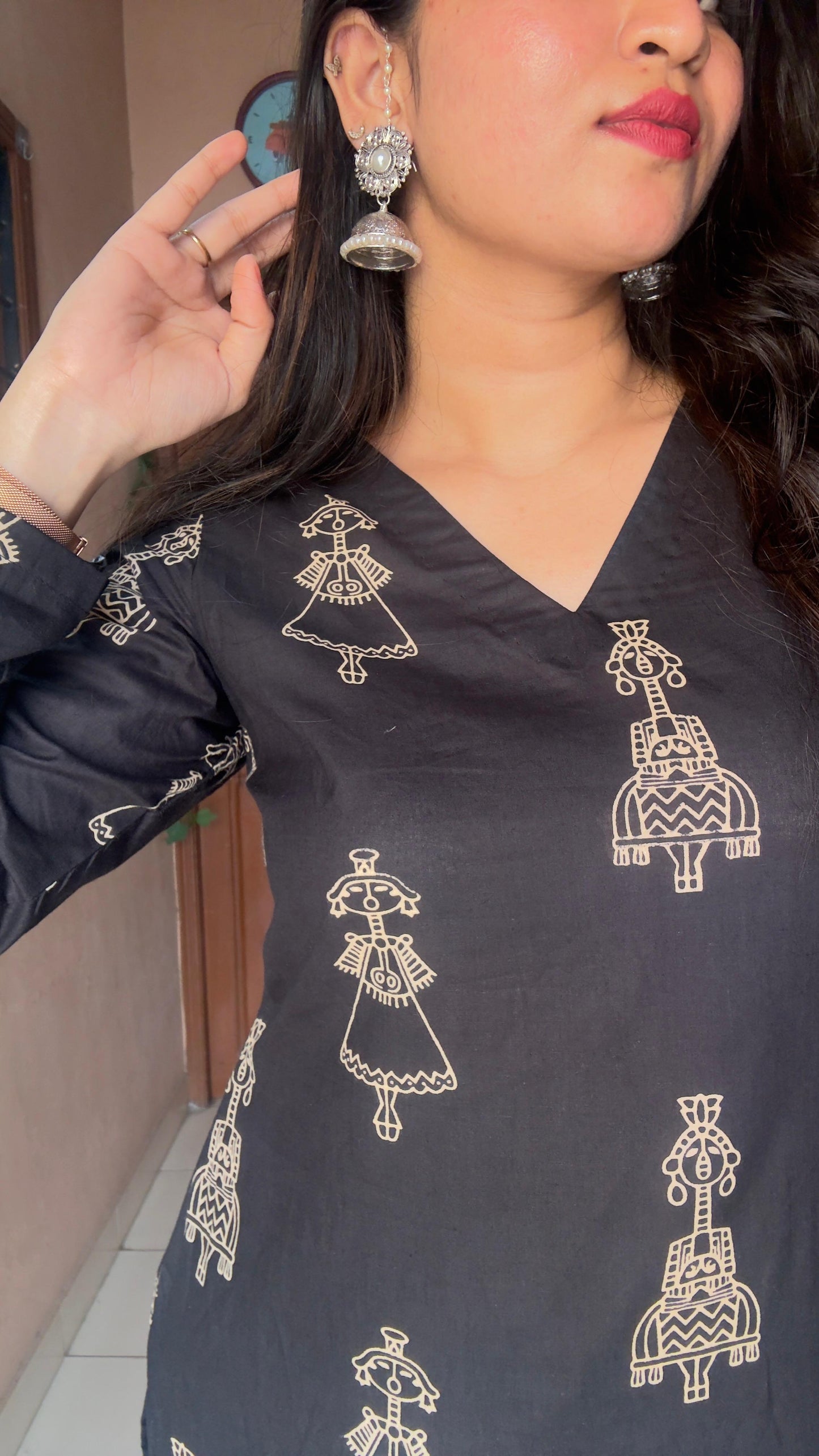 Black Tribal Printed Cotton Kurta and Pant Set
