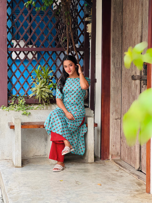 Cotton Light Blue Kurta With Brick Red Polka Pallazzo