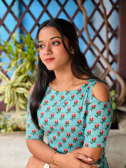 Cotton Light Blue Kurta With Brick Red Polka Pallazzo