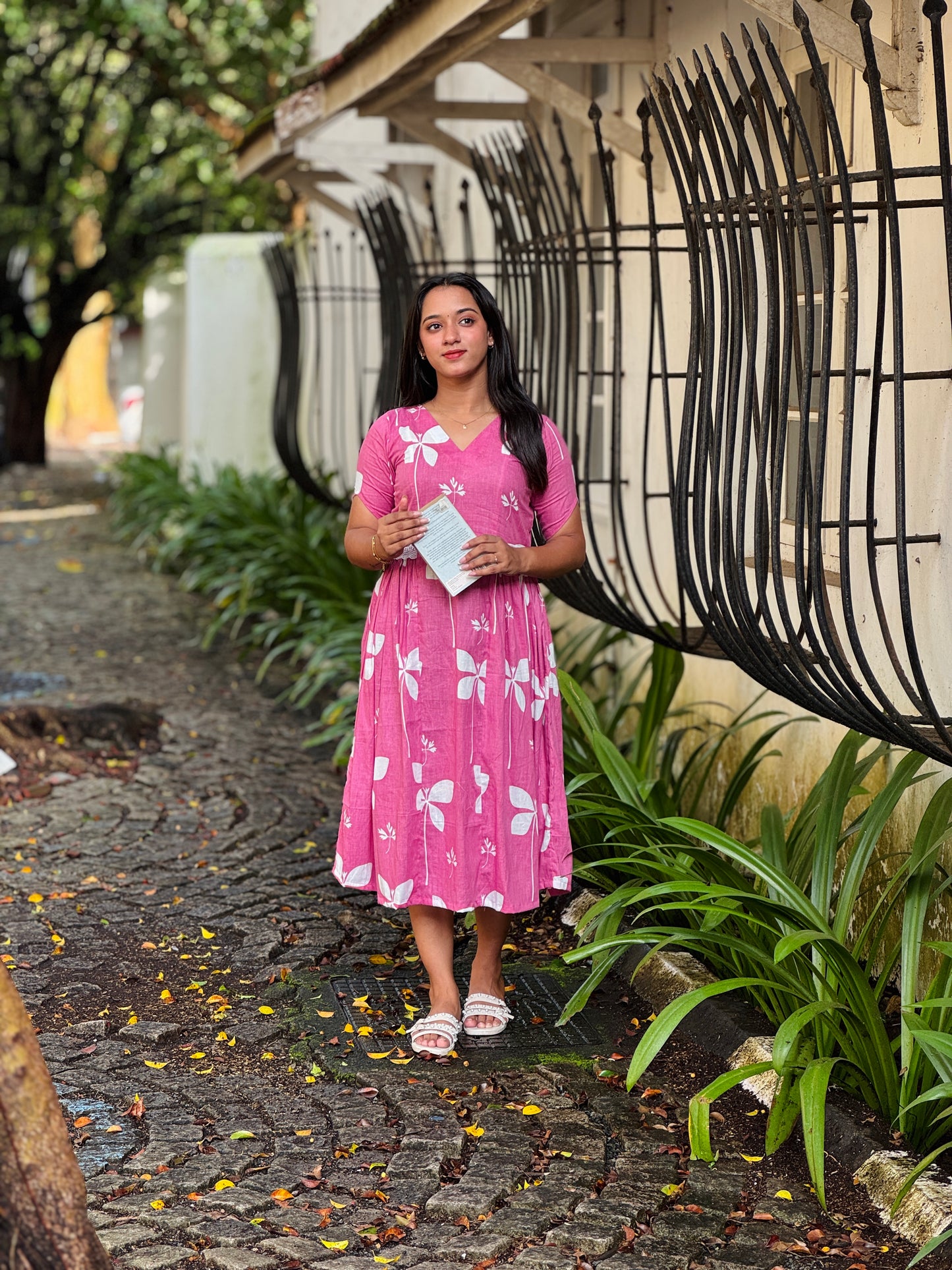 Pink Floral Cotton Dress with Side Gathers and Lace Detailing