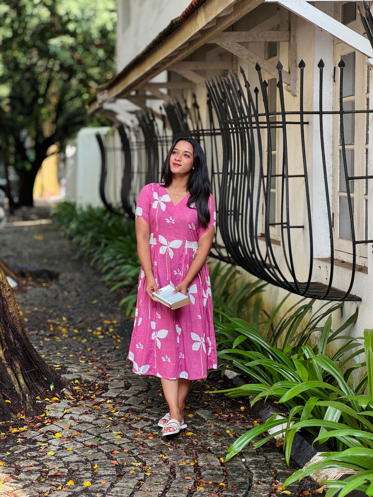 Pink Floral Cotton Dress with Side Gathers and Lace Detailing