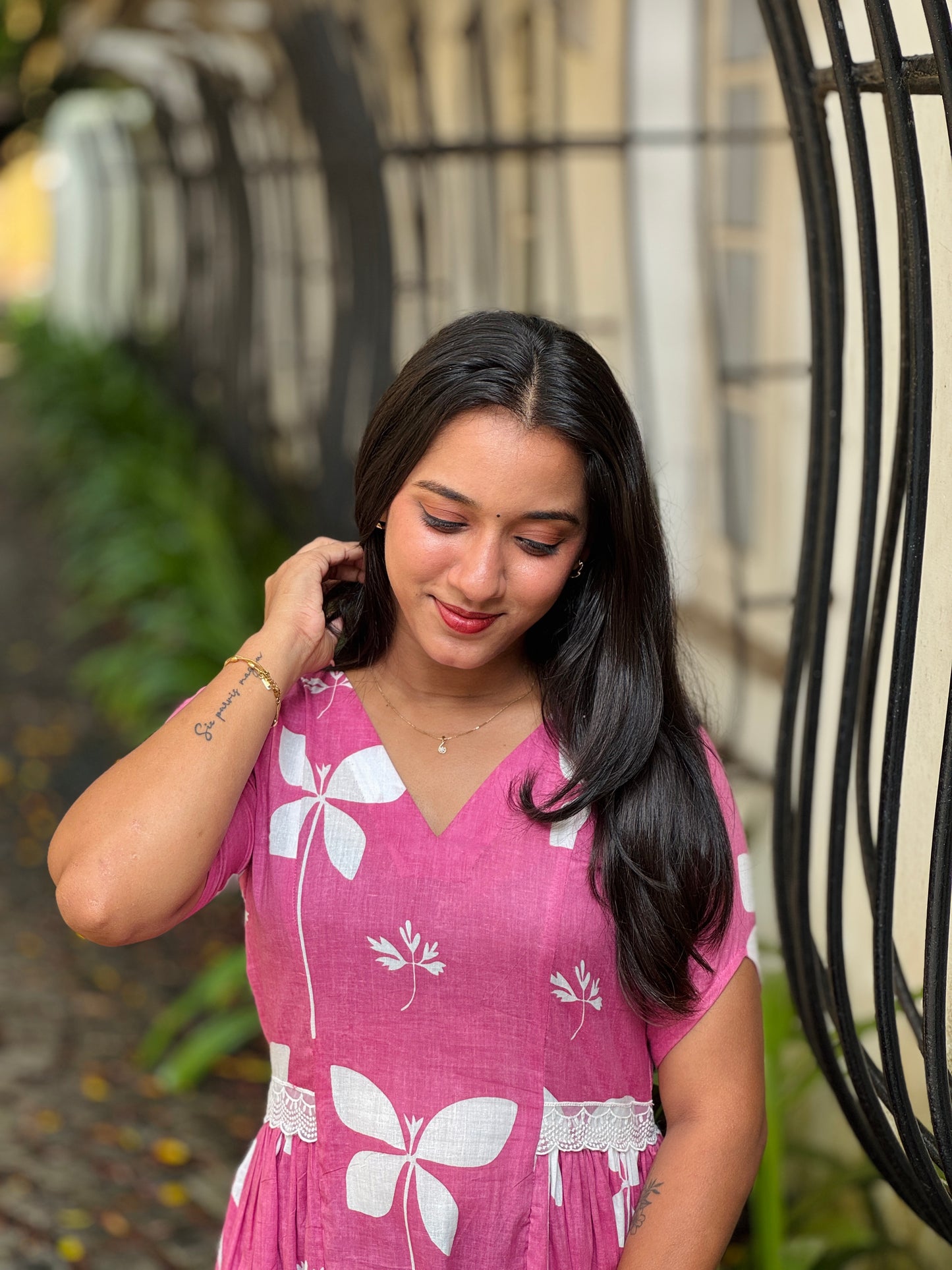Pink Floral Cotton Dress with Side Gathers and Lace Detailing