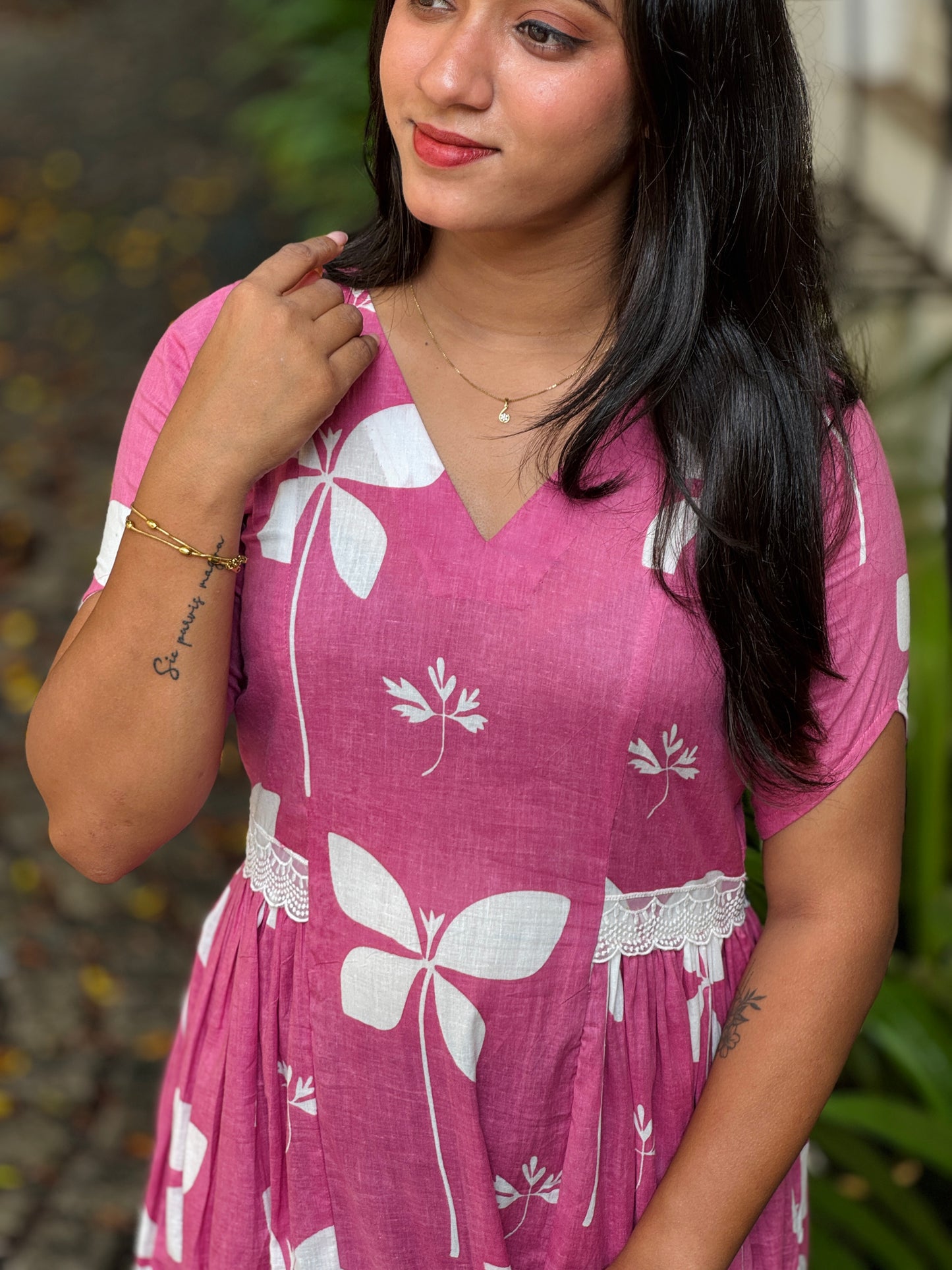 Pink Floral Cotton Dress with Side Gathers and Lace Detailing