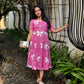 Pink Floral Cotton Dress with Side Gathers and Lace Detailing