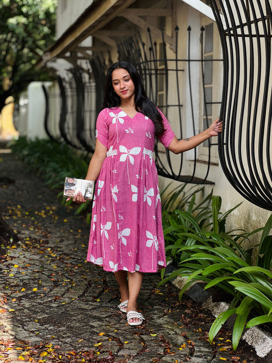 Pink Floral Cotton Dress with Side Gathers and Lace Detailing