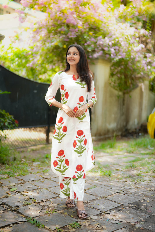 Red Floral Block Printed Kurta Set