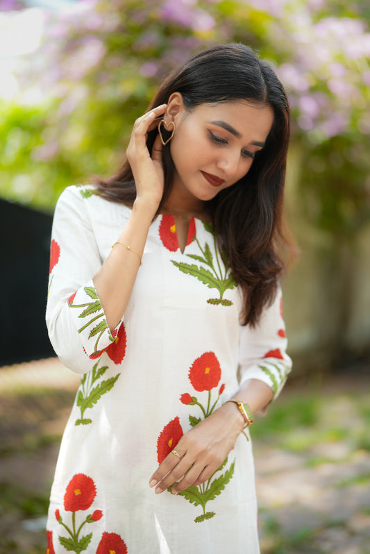 Red Floral Block Printed Kurta Set
