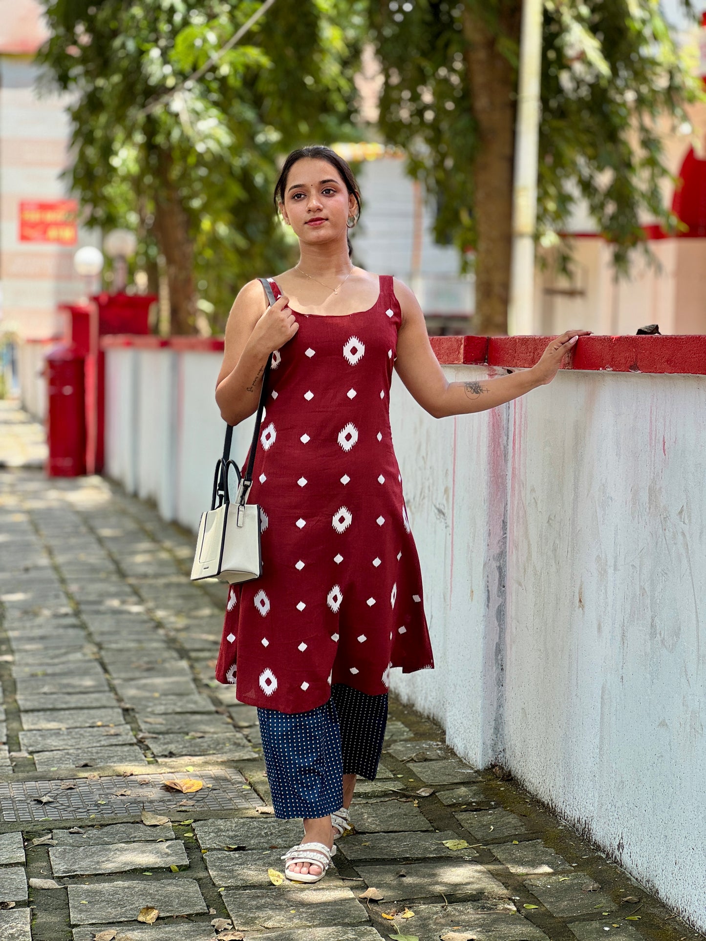 Blue Polka Shrug And Pant Set With Maroon Strap Sleeve Kurta