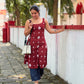 Blue Polka Shrug And Pant Set With Maroon Strap Sleeve Kurta
