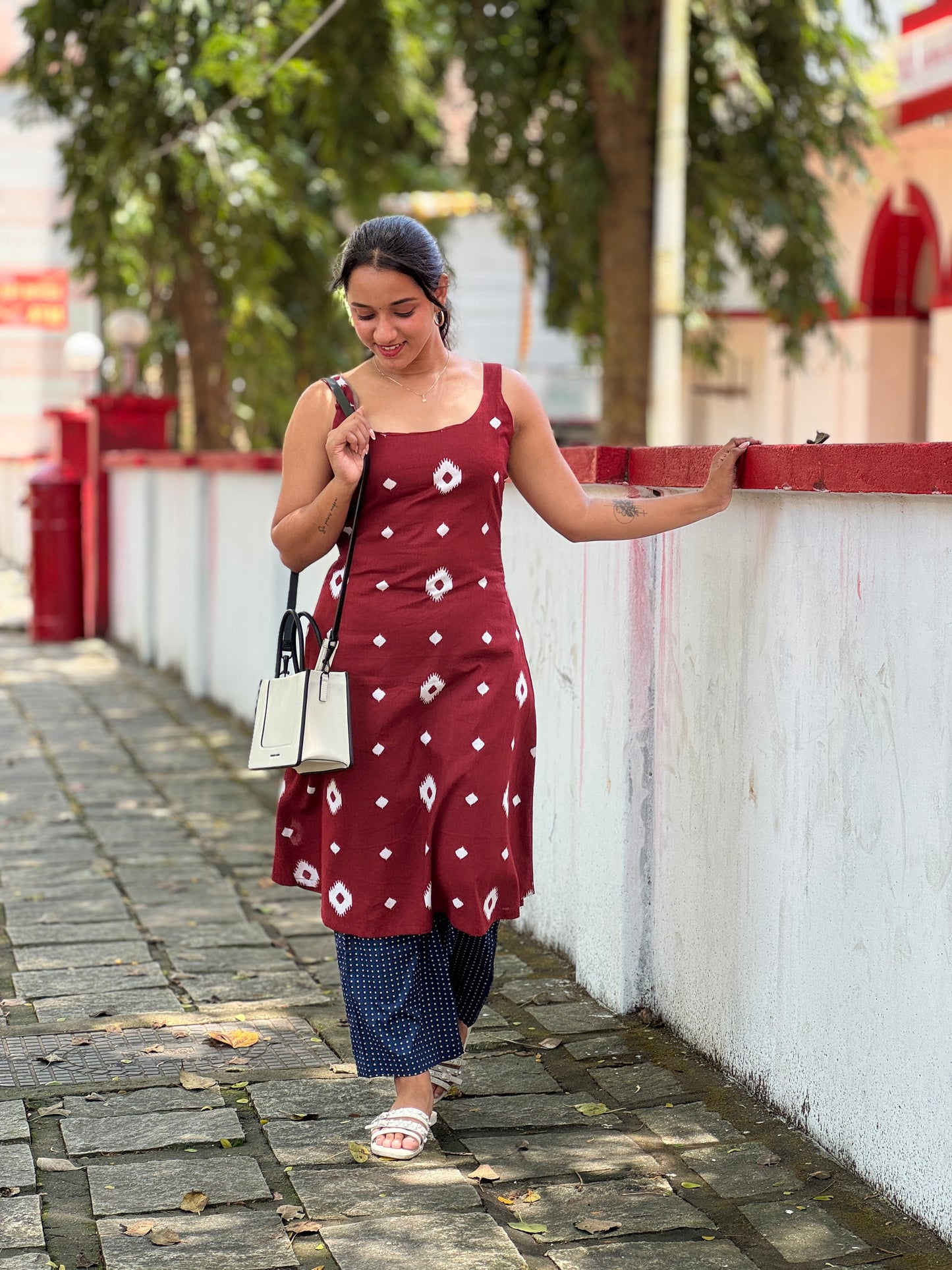 Blue Polka Shrug And Pant Set With Maroon Strap Sleeve Kurta