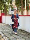 Blue Polka Shrug And Pant Set With Maroon Strap Sleeve Kurta