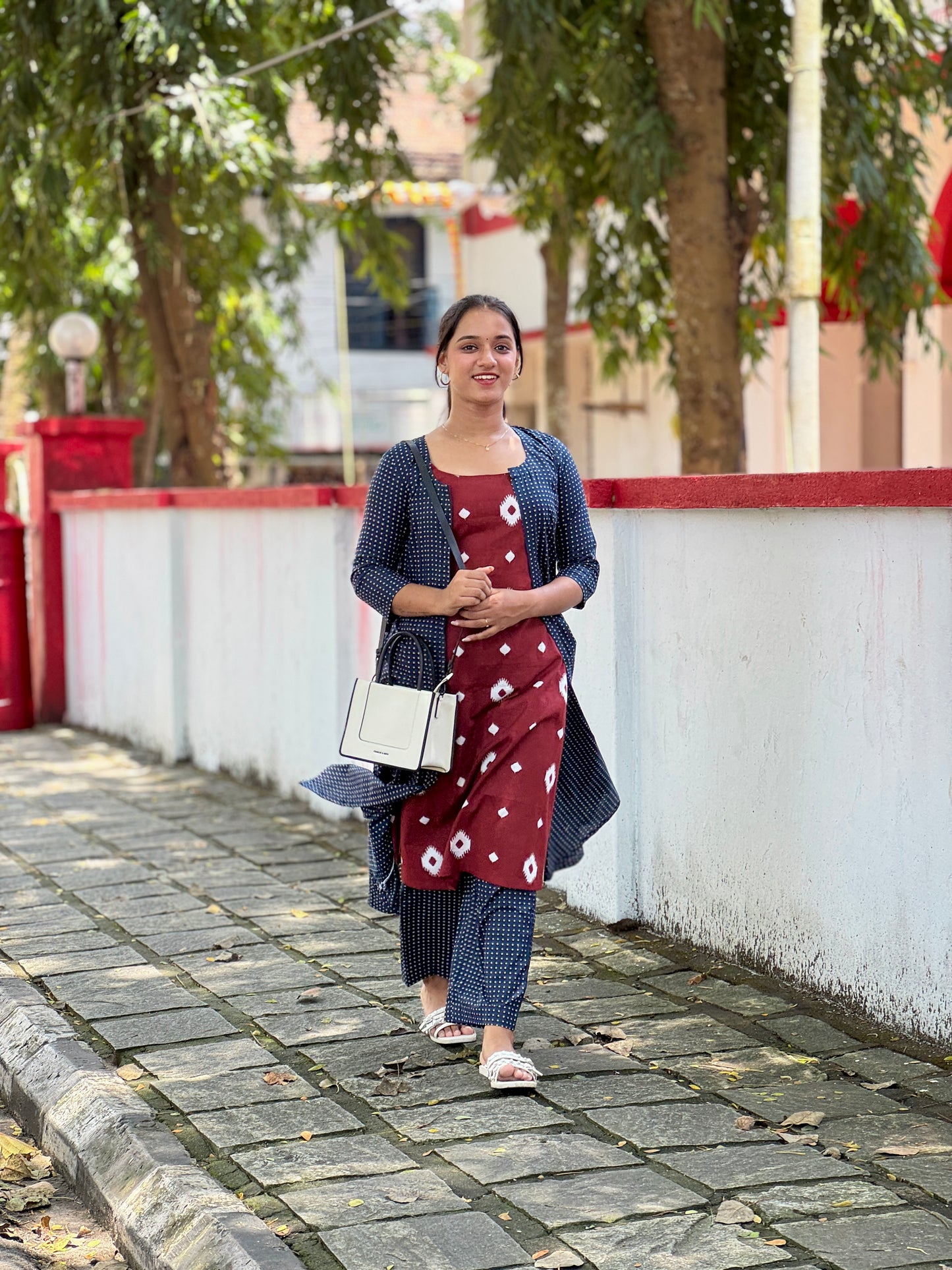 Blue Polka Shrug And Pant Set With Maroon Strap Sleeve Kurta