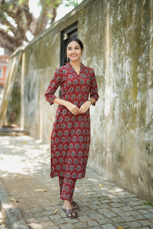 Ajrakh Lotus Printed Kurta and Pant Set