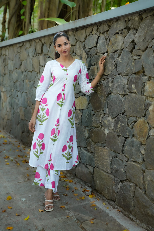 Block Printed Pink Floral Kurta And Palazzo Set