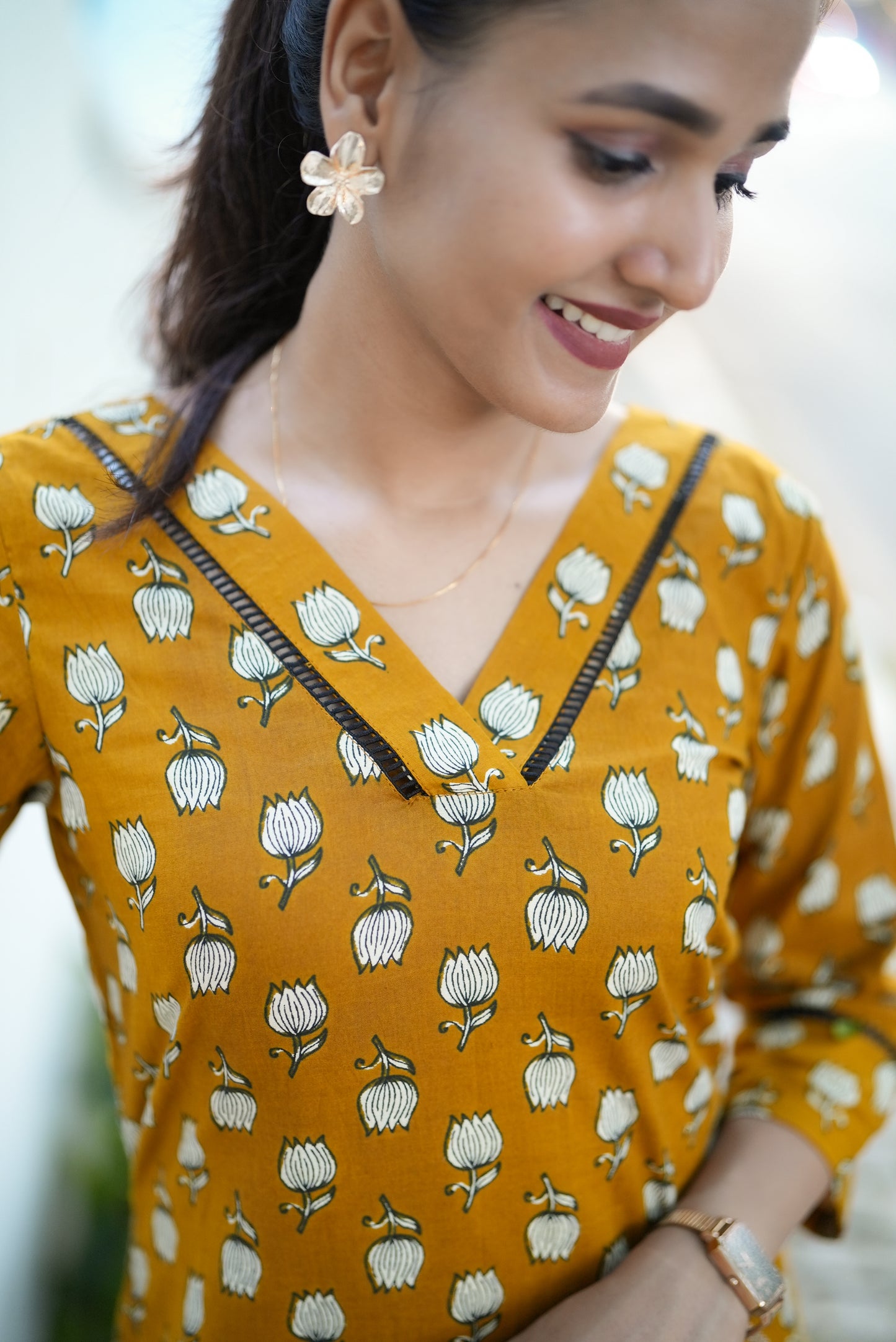 Mustard Yellow Floral Kurta Pant Set