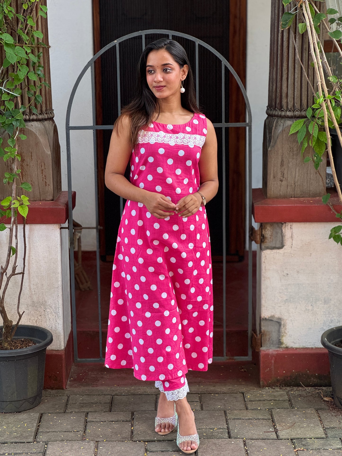 Pink Polka Aline Coord set with lace detailing