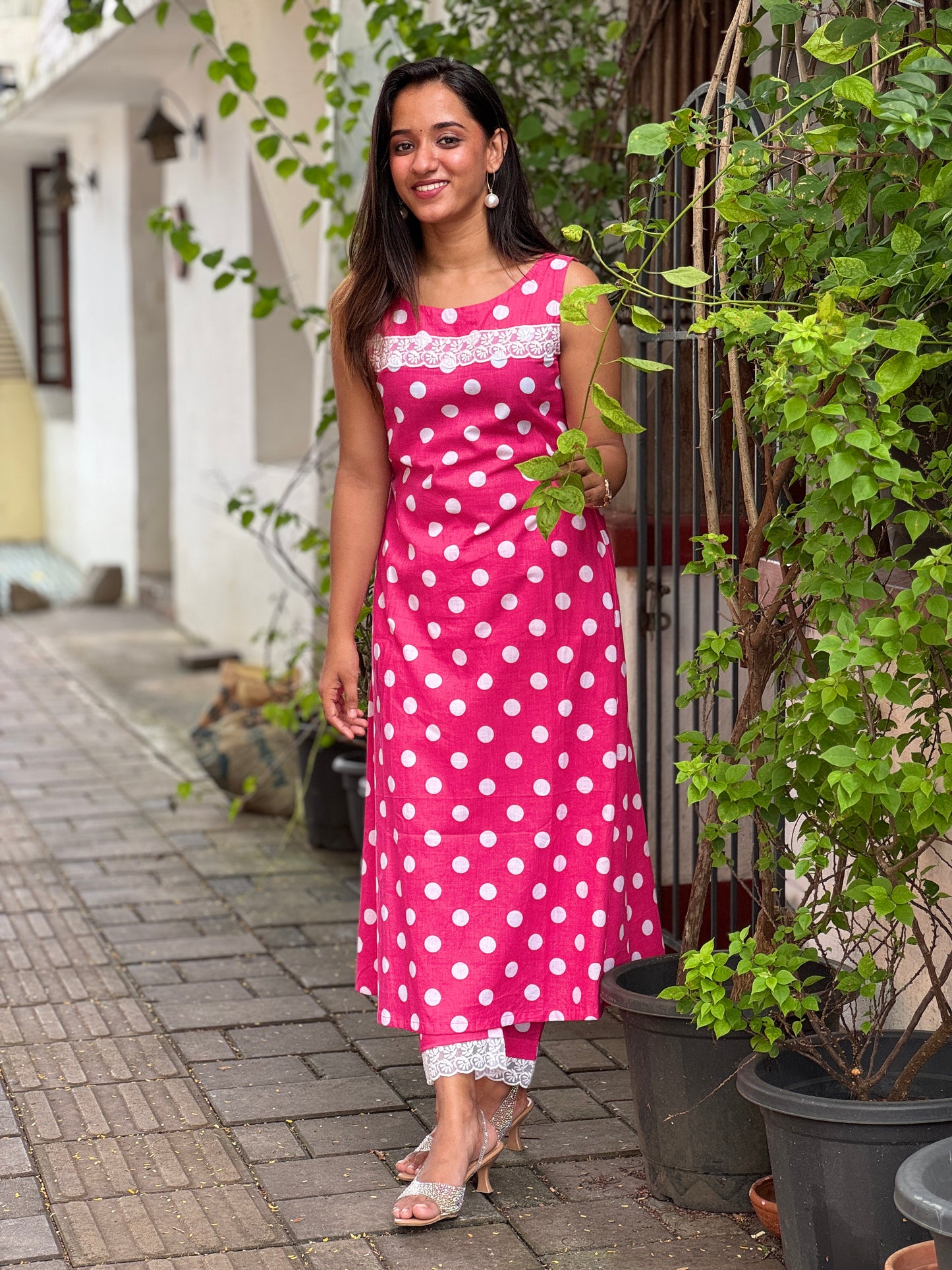 Pink Polka Aline Coord set with lace detailing