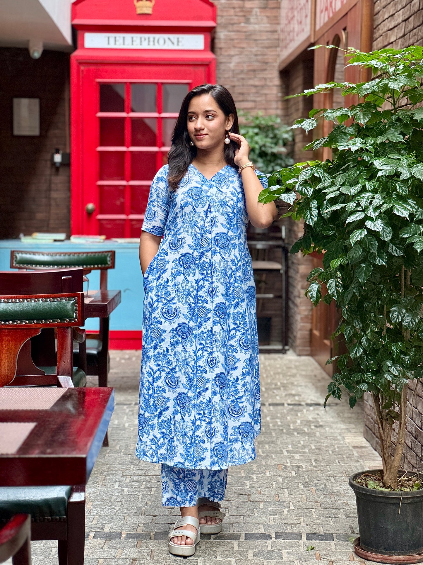 Blue floral block printed cotton aline kurta with palazzo