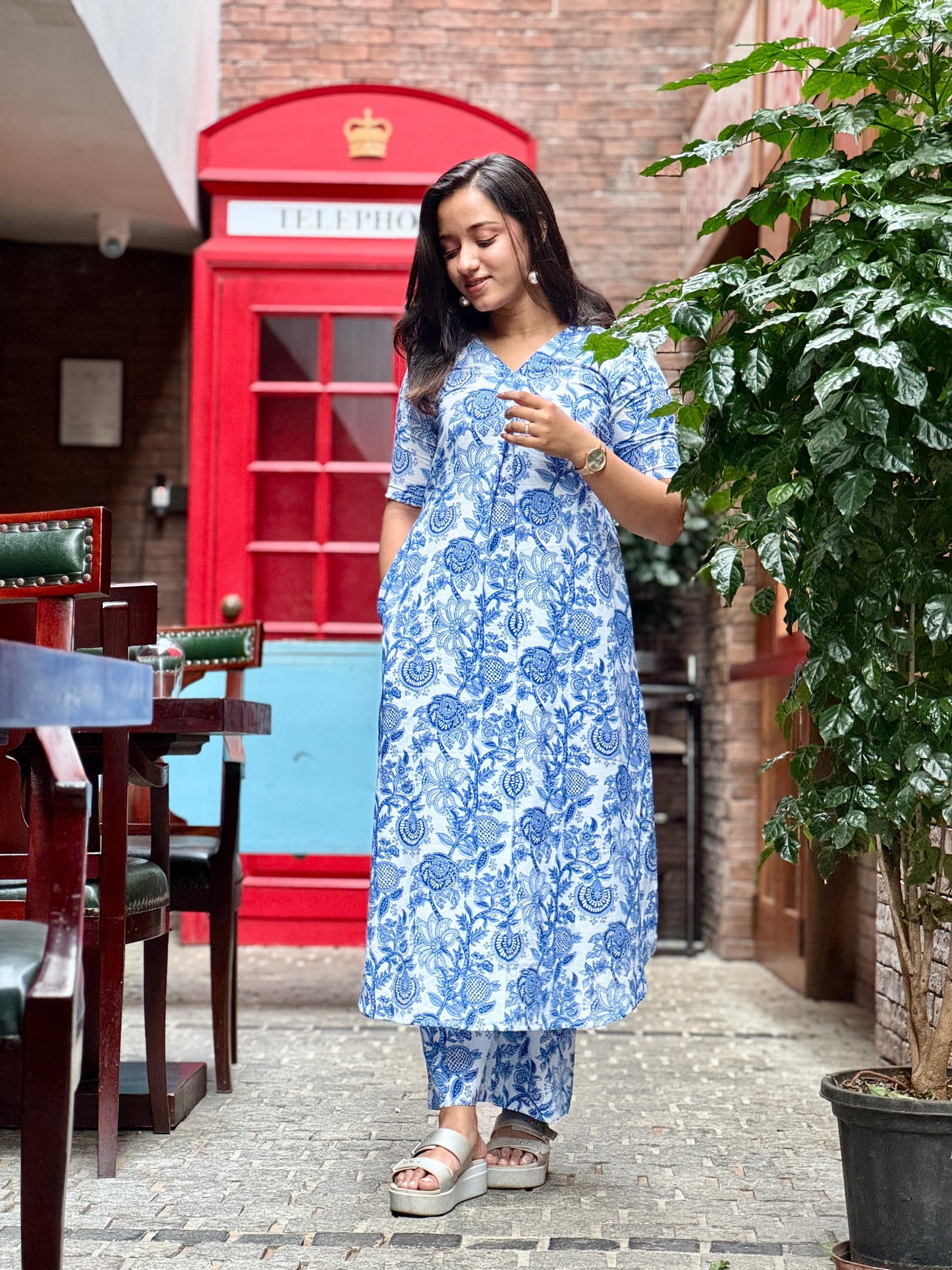 Blue floral block printed cotton aline kurta with palazzo