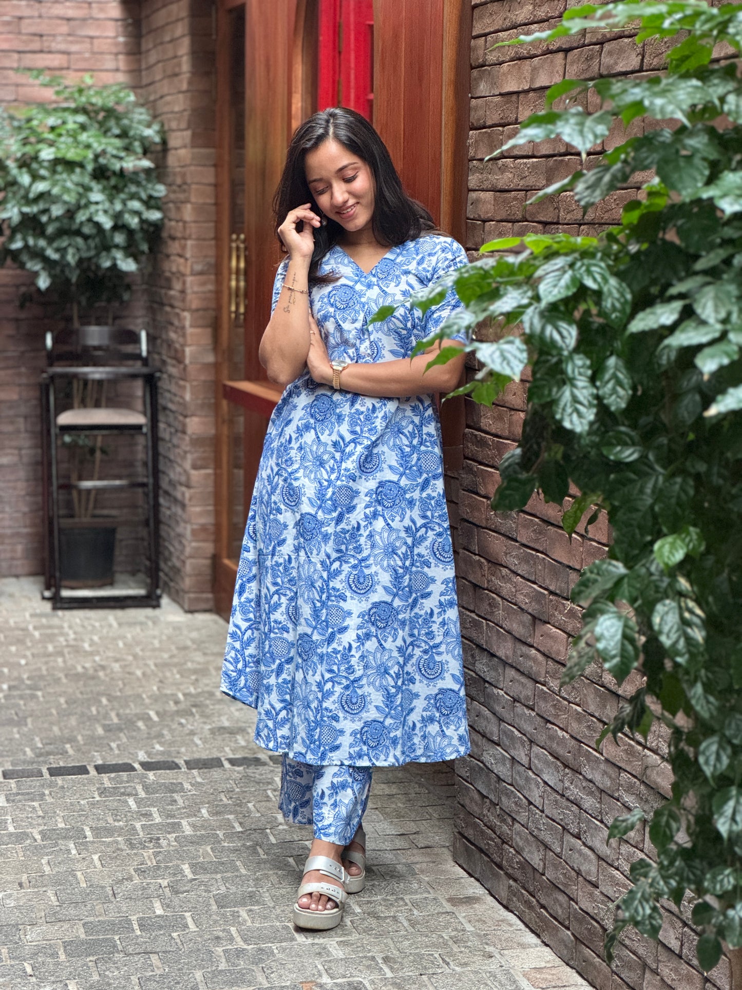 Blue floral block printed cotton aline kurta with palazzo