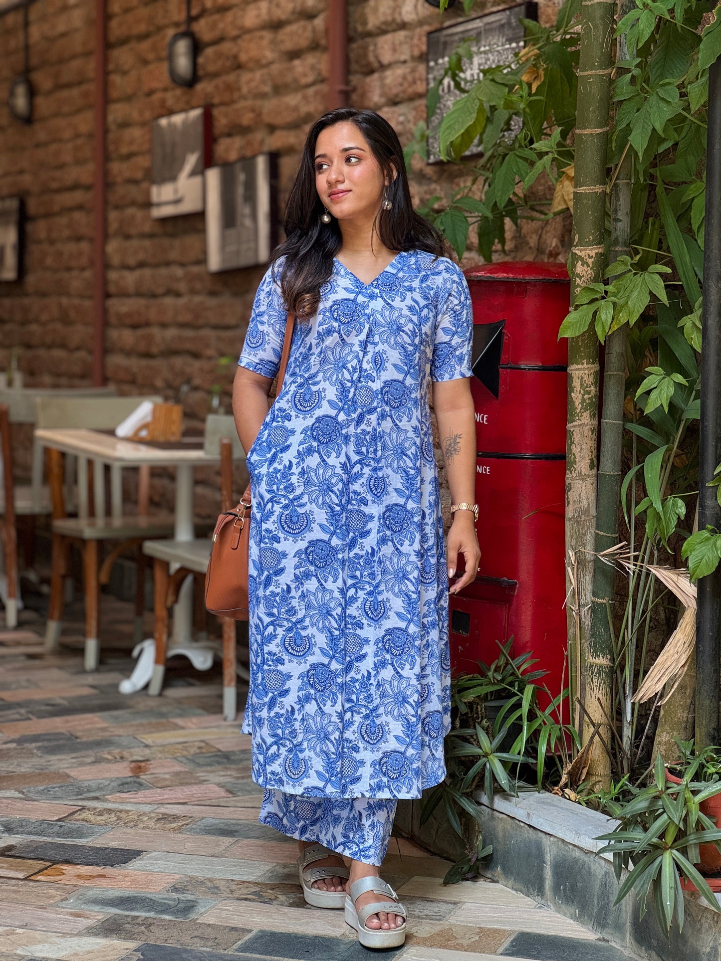 Blue floral block printed cotton aline kurta with palazzo