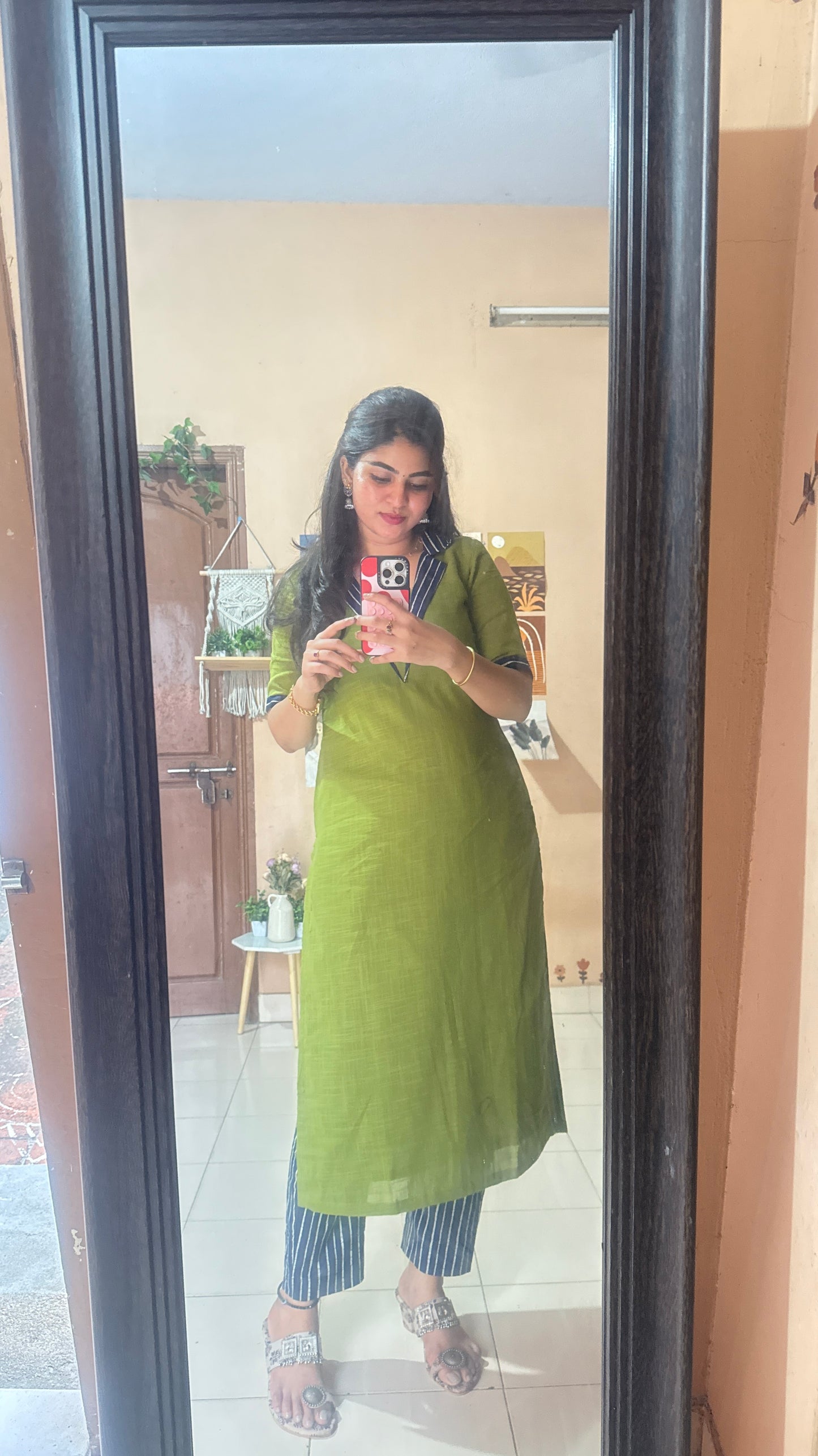 Green Slub Cotton Kurta With Blue Striped Pant