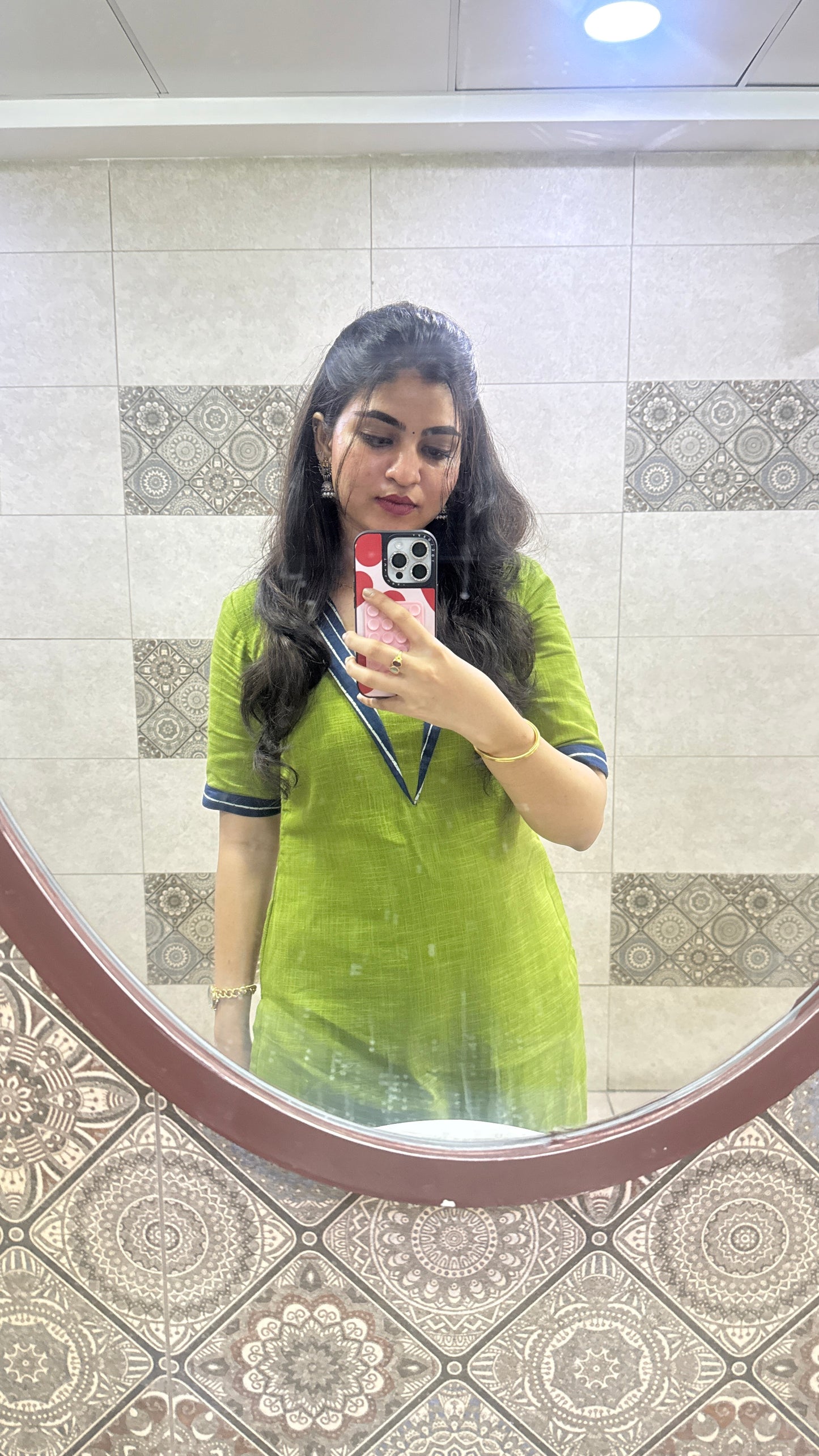 Green Slub Cotton Kurta With Blue Striped Pant