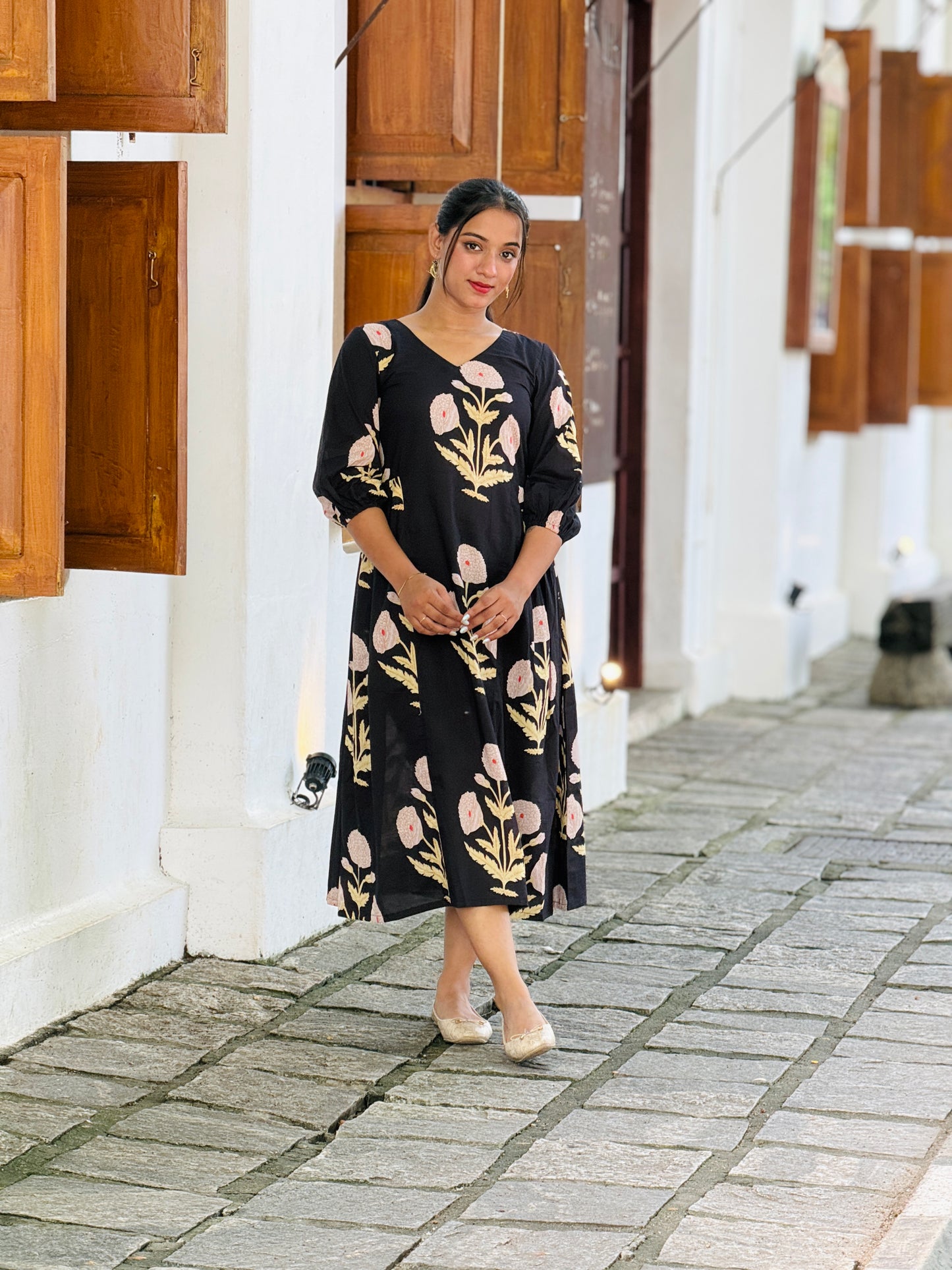 “Twilight” - Black Floral Cotton Dress