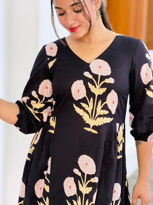 “Twilight” - Black Floral Cotton Dress