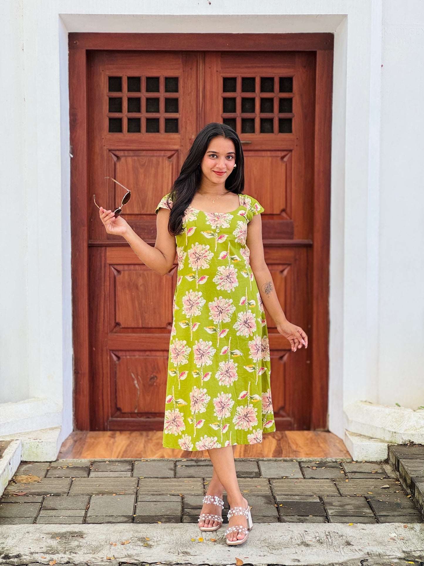 Green Floral Dress With Pleated Sleeves