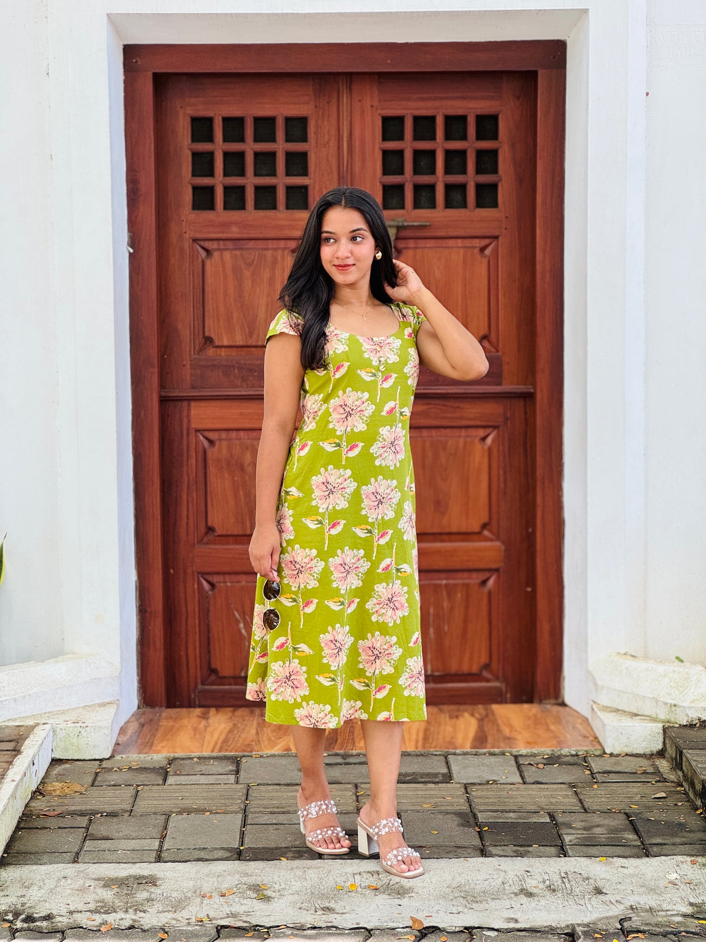 Green Floral Dress With Pleated Sleeves