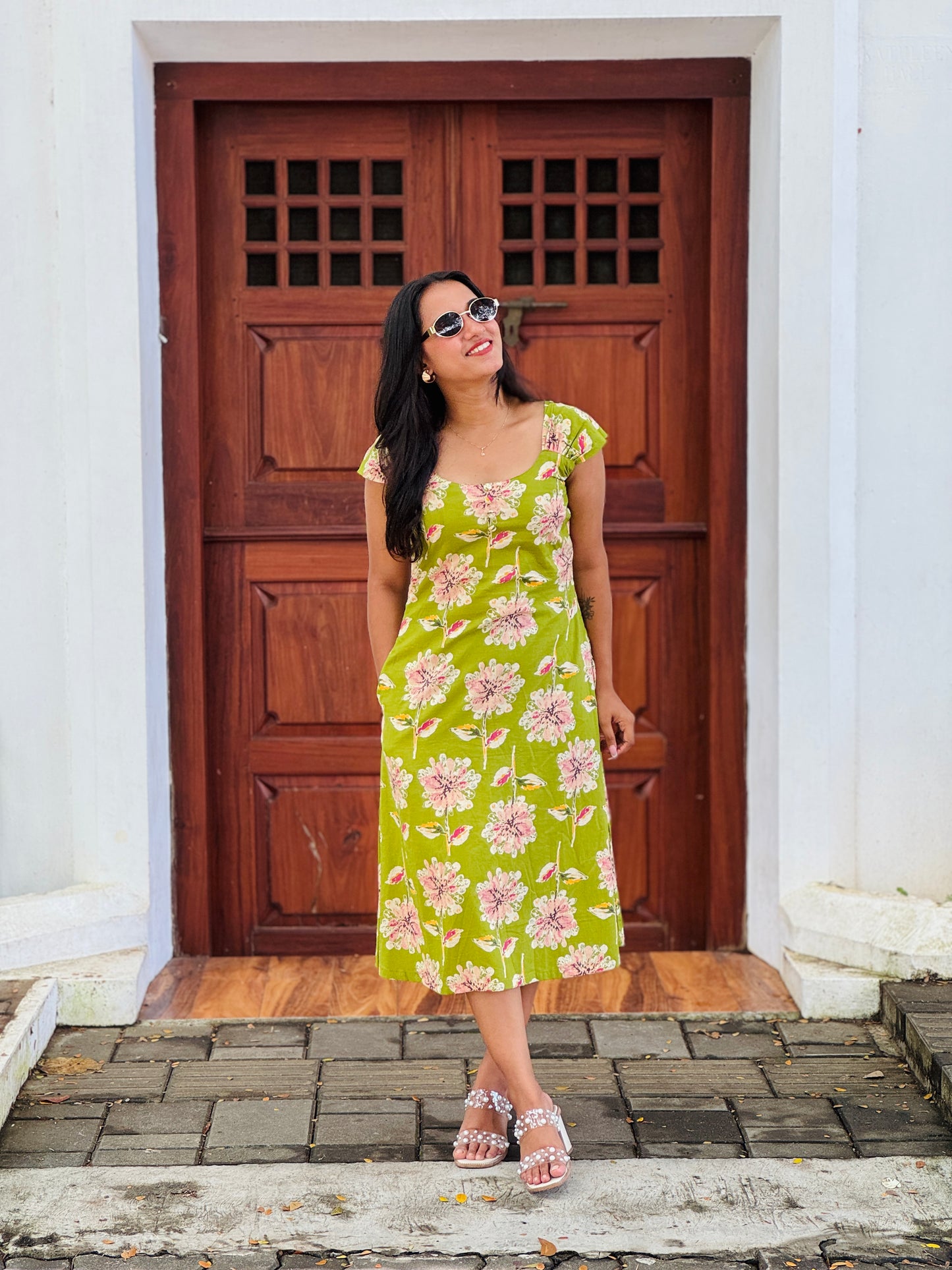 Green Floral Dress With Pleated Sleeves