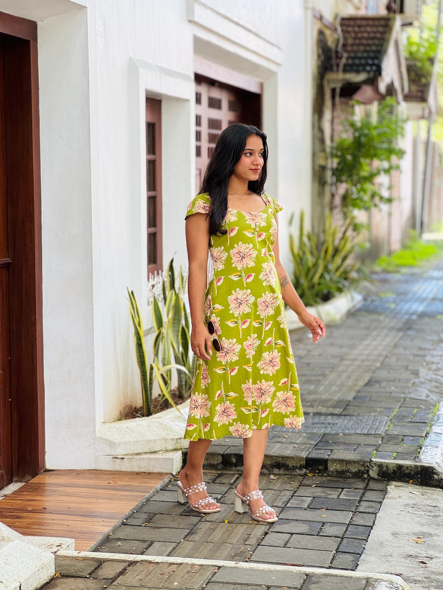 Green Floral Dress With Pleated Sleeves
