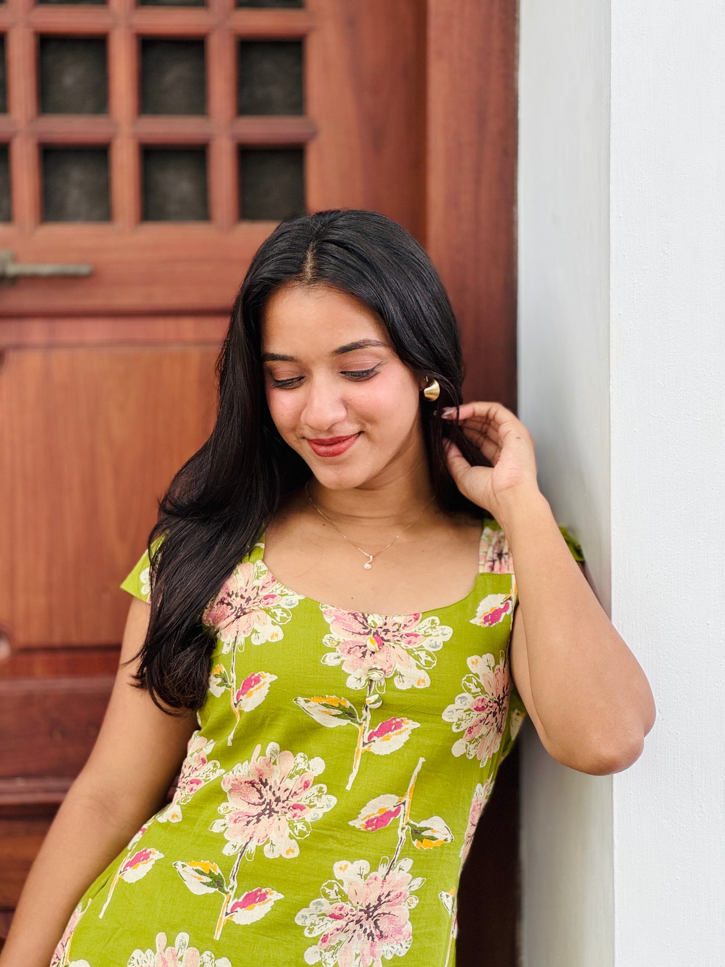 Green Floral Dress With Pleated Sleeves