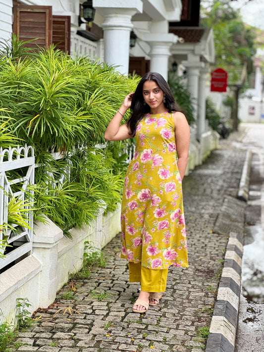 Golden Yellow Floral Kurta And Pant Set