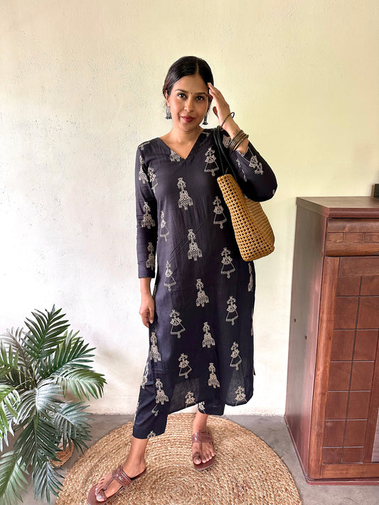 Black Tribal Printed Cotton Kurta and Pant Set