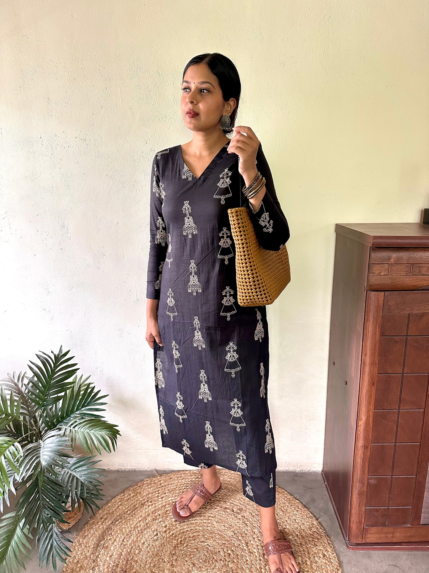 Black Tribal Printed Cotton Kurta and Pant Set