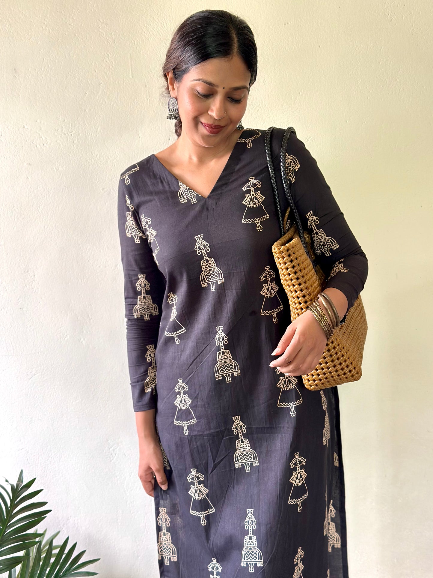 Black Tribal Printed Cotton Kurta and Pant Set